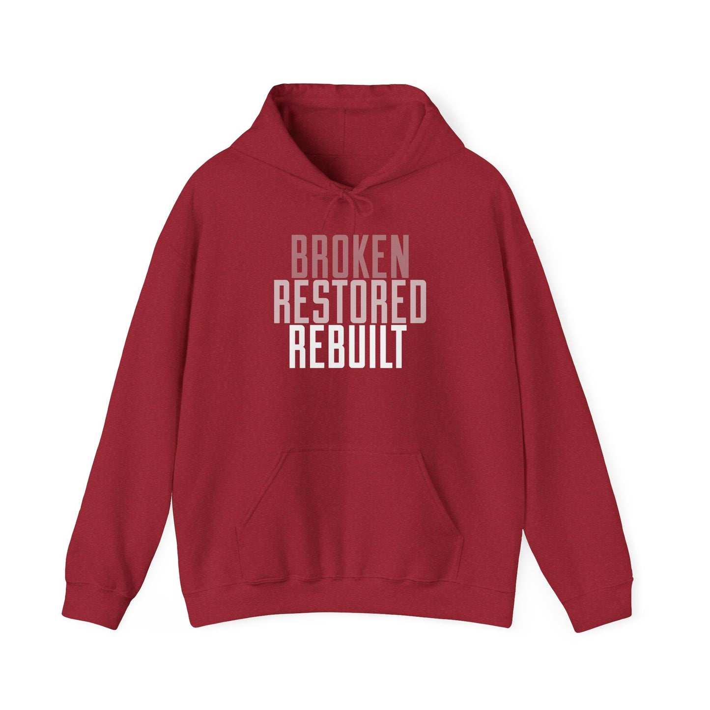 Unisex Heavy Blend Hoodie - "Broken Restored Rebuilt" - Motivational Gift for Him or Her