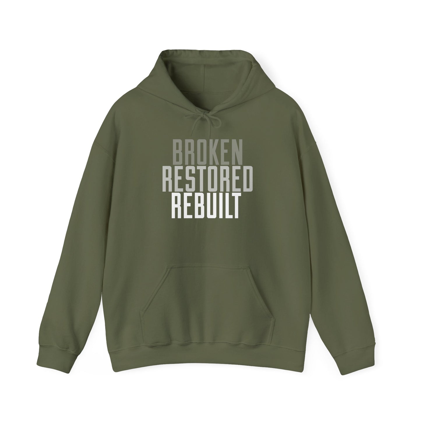 Unisex Heavy Blend Hoodie - "Broken Restored Rebuilt" - Motivational Gift for Him or Her