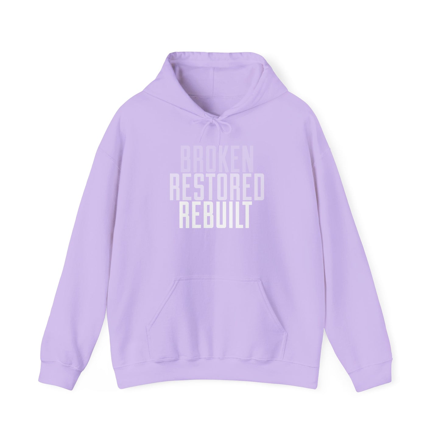 Unisex Heavy Blend Hoodie - "Broken Restored Rebuilt" - Motivational Gift for Him or Her