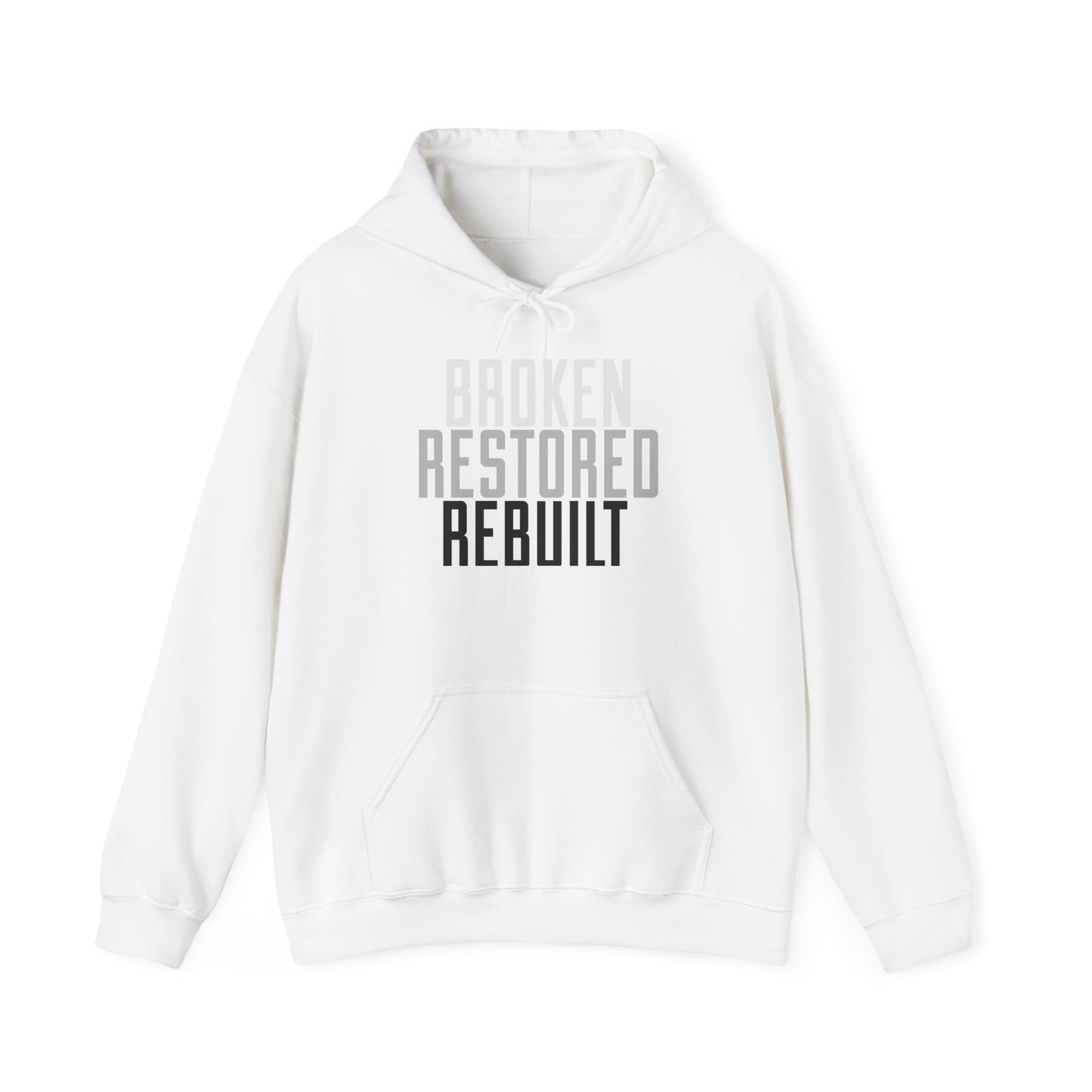 Unisex Heavy Blend Hoodie - "Broken Restored Rebuilt" - Motivational Gift for Him or Her